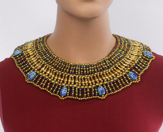 Lovely Golden Egyptian Beaded Cleopatra 7 Scarabs Necklace Collar scarab Collar Egyptian Jewelry beaded Collar Khepri Necklace Khepri