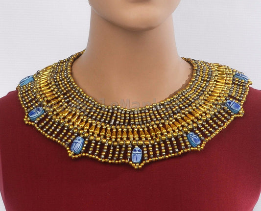 Lovely Golden Egyptian Beaded Cleopatra 7 Scarabs Necklace Collar