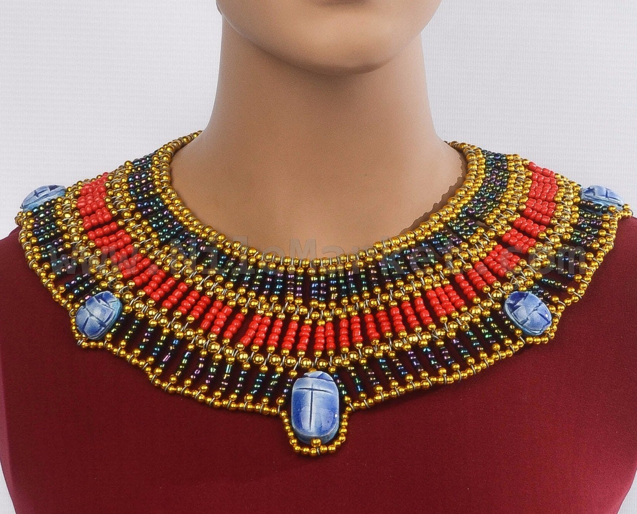 Amazing Ancient Egyptian Beaded Cleopatra 5 Scarabs Necklace Collar scarab Collar Egyptian Jewelry beaded Collar Khepri Necklace Khepri