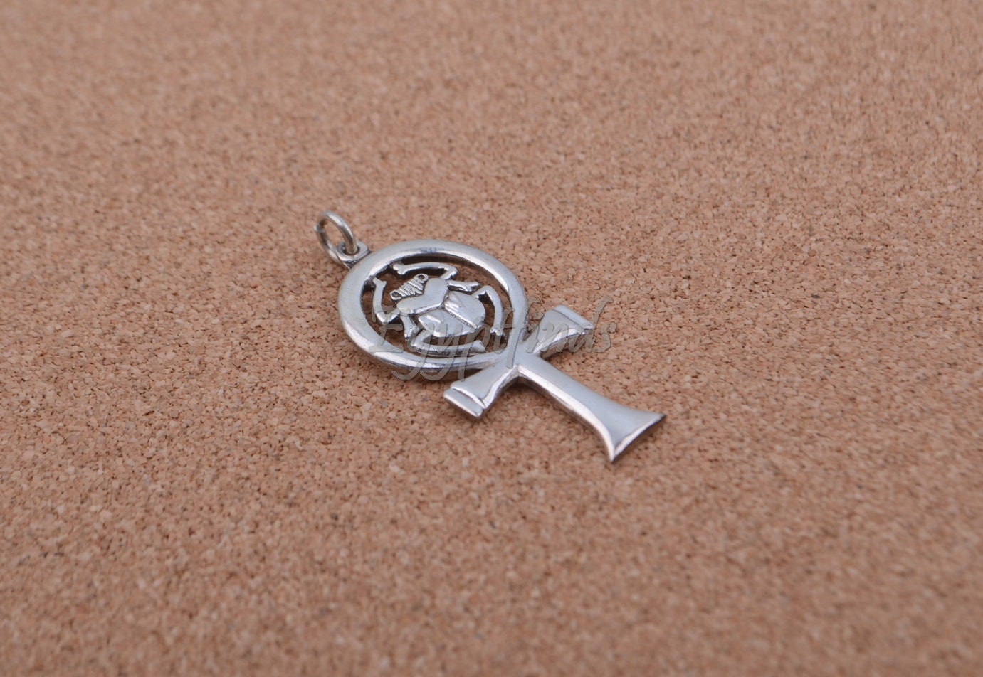 Egyptian Solid Silver Hallmarked Key Of Life Ankh Life Key Cross With Scarab Pendant Charm