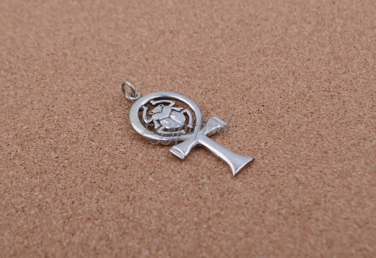 Egyptian Solid Silver Hallmarked Key Of Life Ankh Life Key Cross With Scarab Pendant Charm