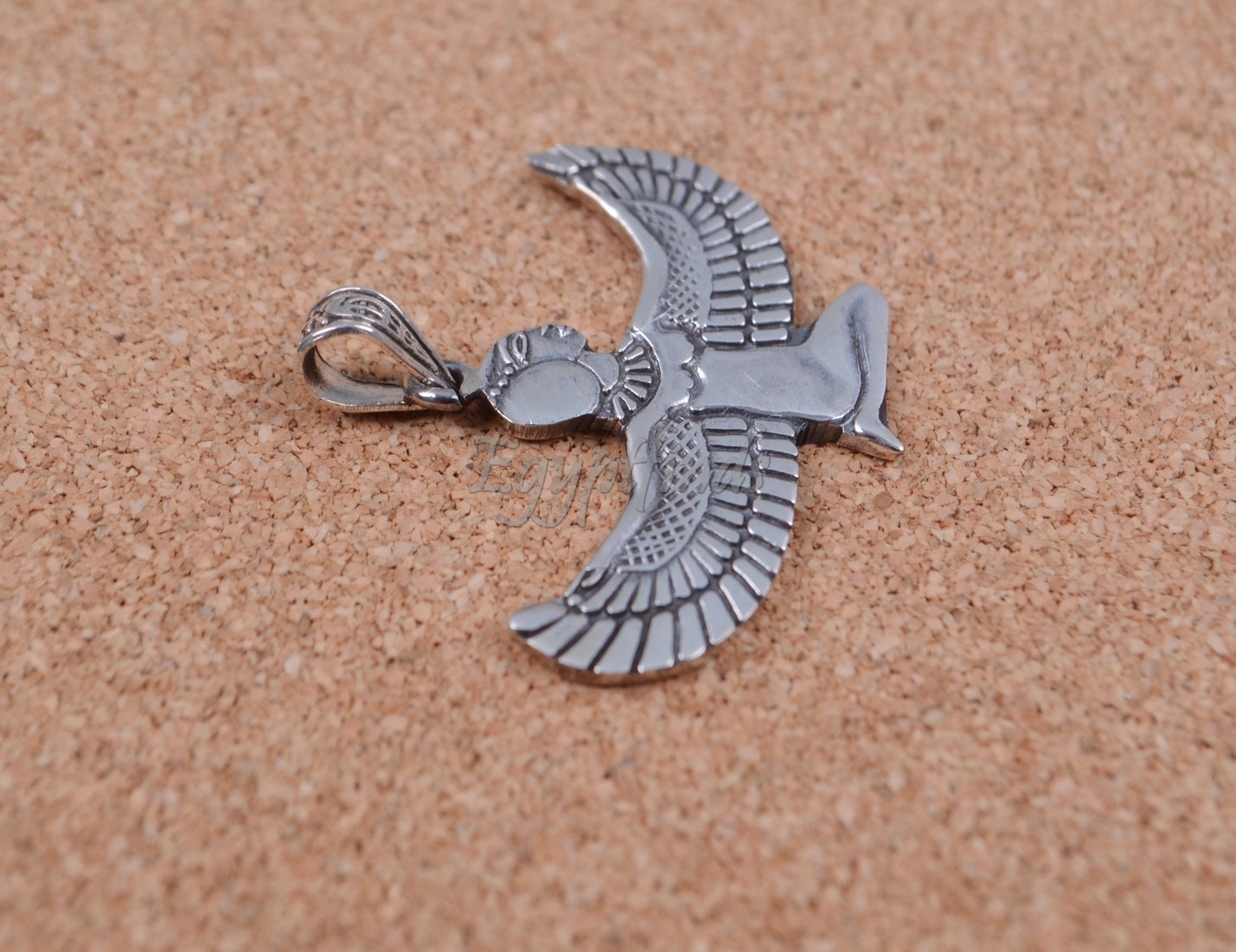 Egyptian Sterling Silver  Oxidized Isis With Hieroglyphics Pendant Charm