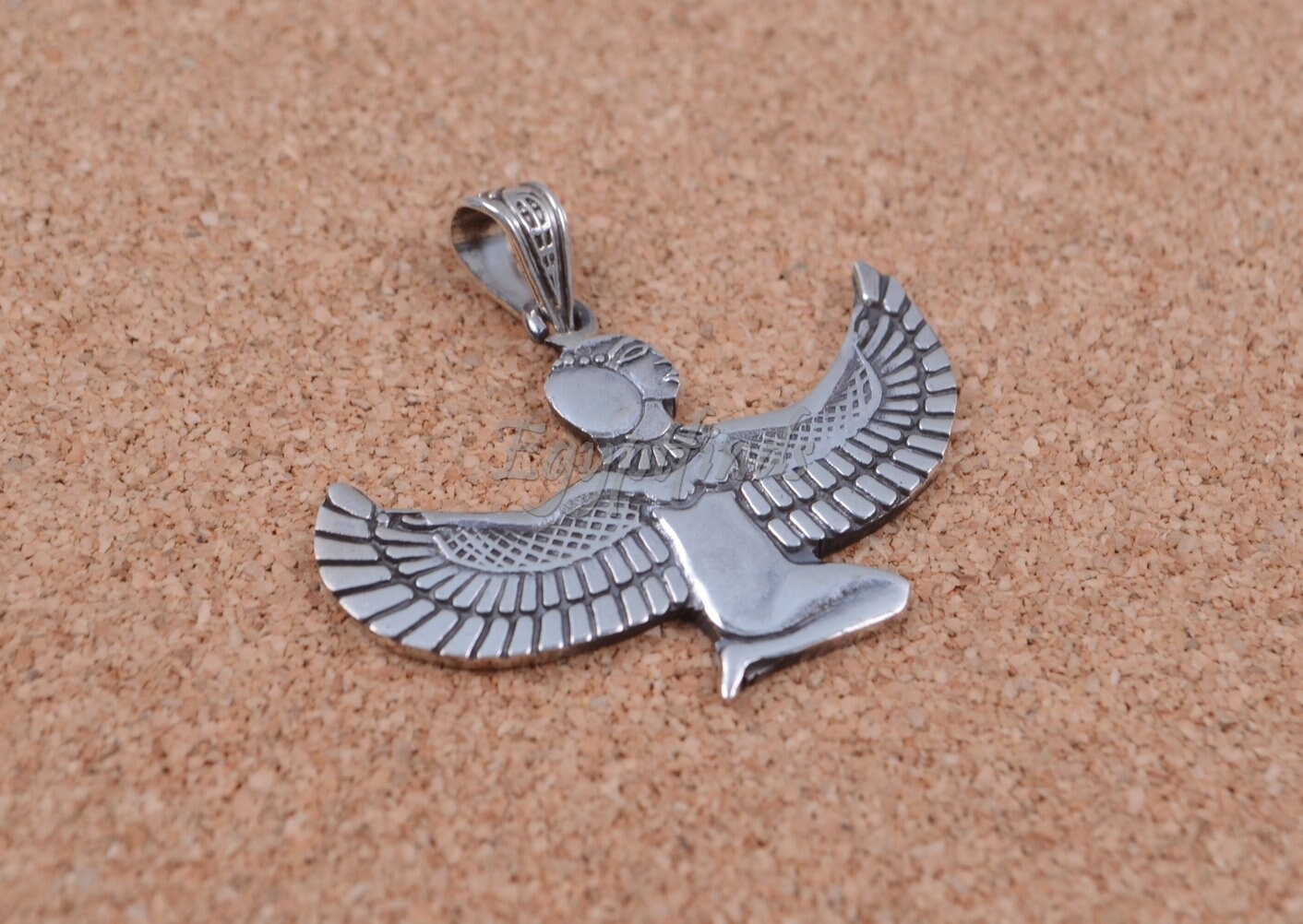 Egyptian Sterling Silver  Oxidized Isis With Hieroglyphics Pendant Charm