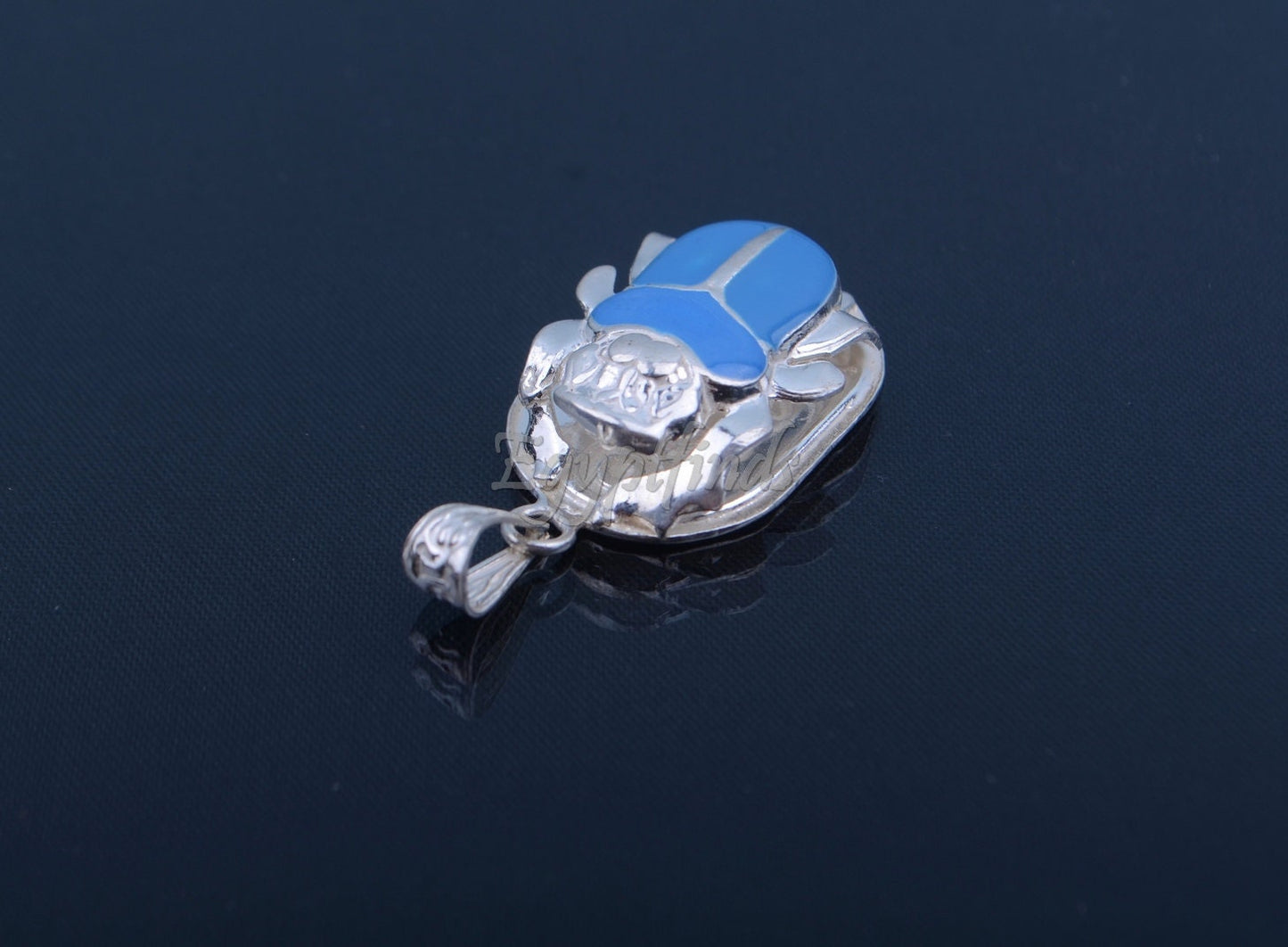 Large Egyptian Sterling Silver Turquoise Enamelled Scarab Luck Charm US Express