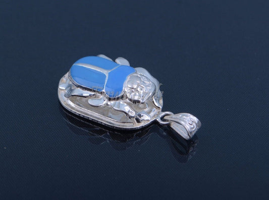 Large Egyptian Sterling Silver Turquoise Enamelled Scarab Luck Charm US Express