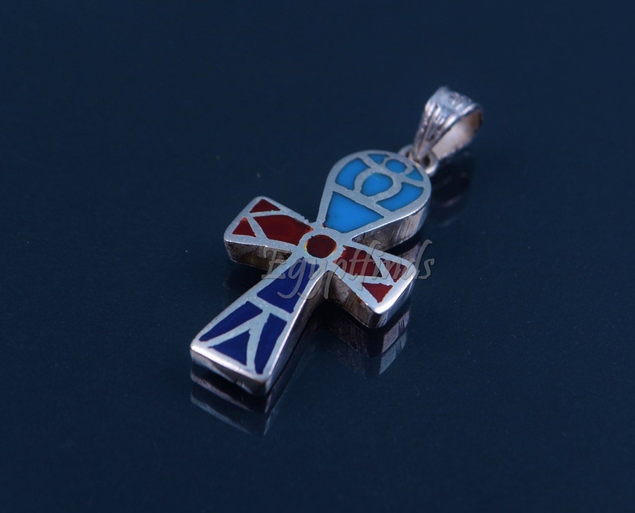Large Egyptian Hand Made Solid Silver Inlaid Ankh life key Pendant Charm Pendant