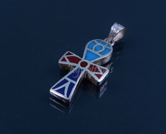 Large Egyptian Hand Made Solid Silver Inlaid Ankh life key Pendant Charm Pendant