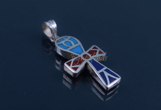Large Egyptian Hand Made Solid Silver Inlaid Ankh life key Pendant Charm Pendant