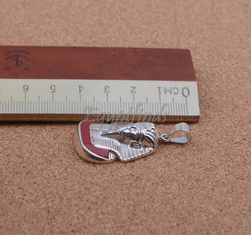 Egyptian Solid Sterling Silver Colored Inlaid Tutankhamun Tut Pendant