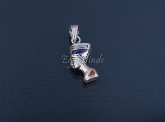 Solid Silver Egyptian Handmade Queen Nefertiti Inlaid Charm Pendant