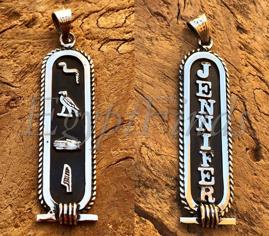 Double Sided Egyptian Winged Isis Personalized Sterling Silver Cartouche Charm , WORLD WIDE Express Shipping