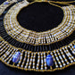 Large Egyptian White Beaded Cleopatra Necklace Collar With 9 Scarabs