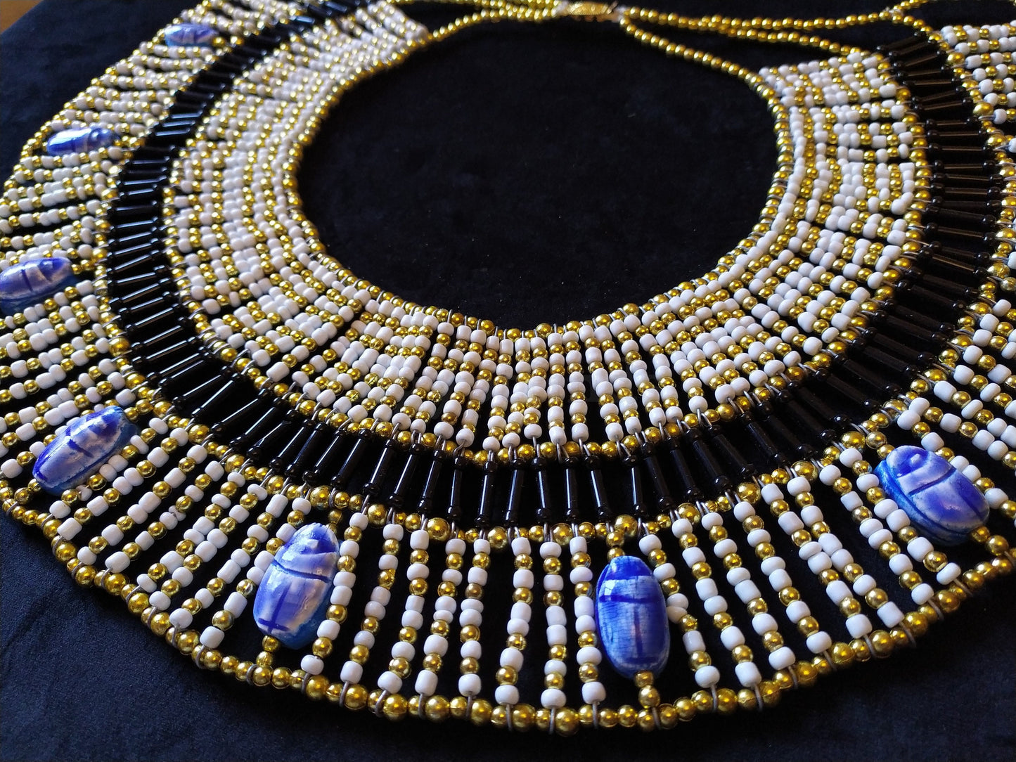Large Egyptian White Beaded Cleopatra Necklace Collar With 9 Scarabs