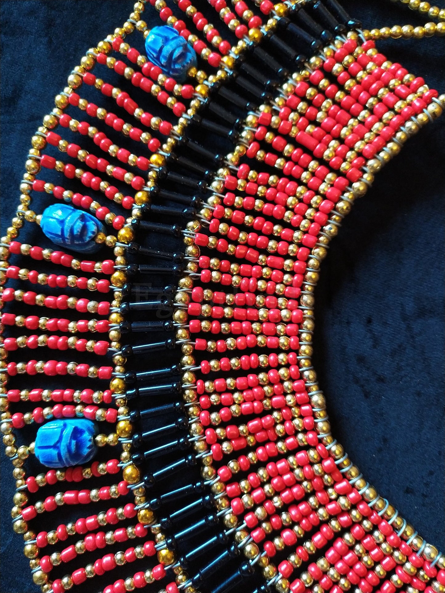 Large Egyptian Orange Beaded Cleopatra Necklace Collar With 9 Scarabs