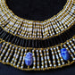 Large Egyptian White Beaded Cleopatra Necklace Collar With 9 Scarabs