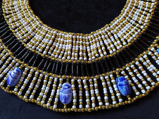 Large Egyptian White Beaded Cleopatra Necklace Collar With 9 Scarabs