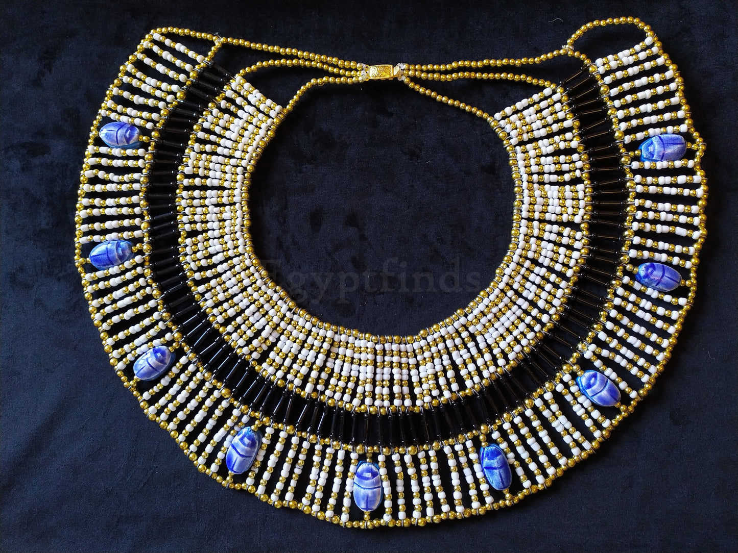 Large Egyptian White Beaded Cleopatra Necklace Collar With 9 Scarabs