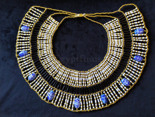 Large Egyptian White Beaded Cleopatra Necklace Collar With 9 Scarabs