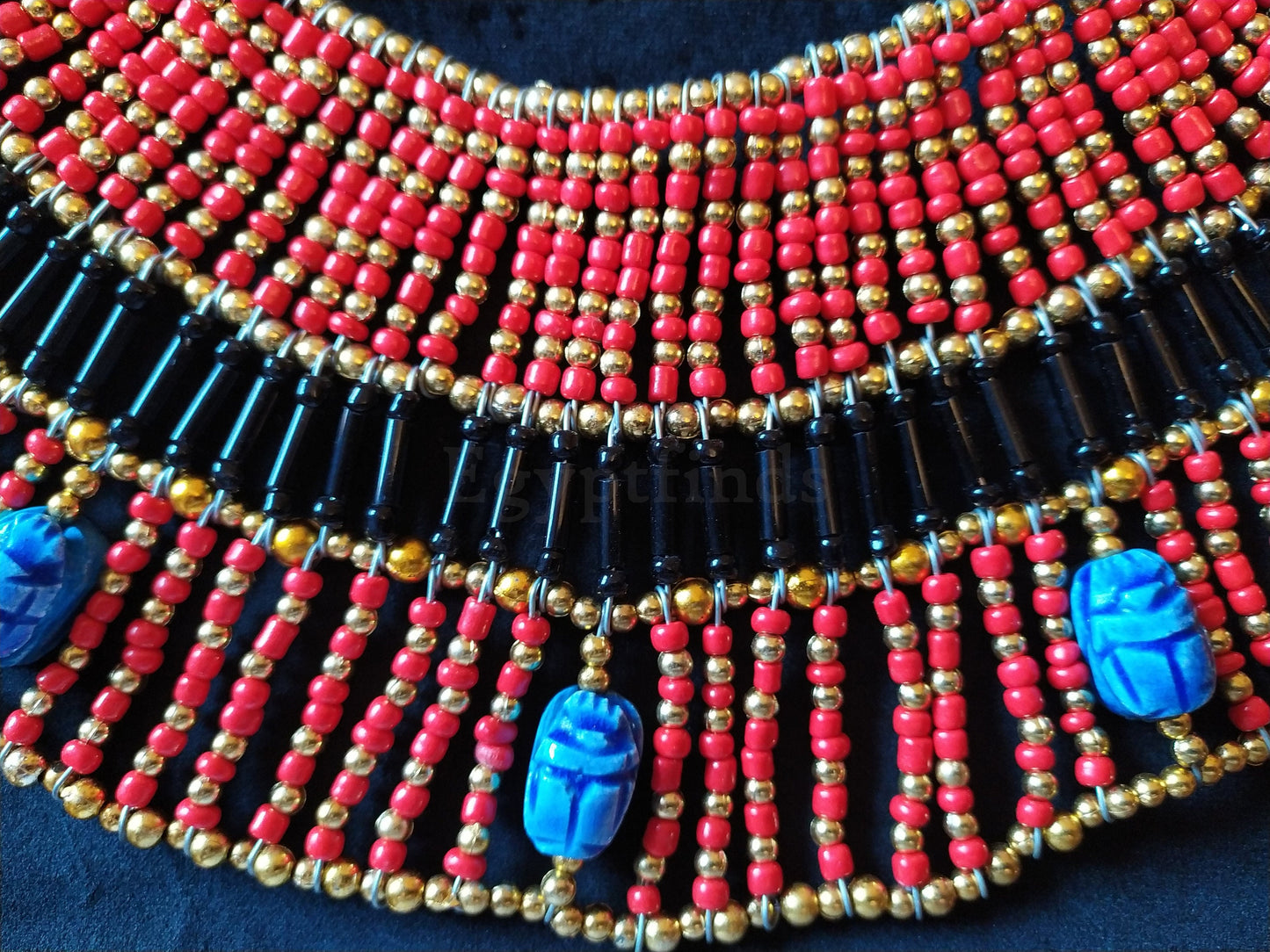 Large Egyptian Orange Beaded Cleopatra Necklace Collar With 9 Scarabs
