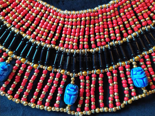 Large Egyptian Orange Beaded Cleopatra Necklace Collar With 9 Scarabs