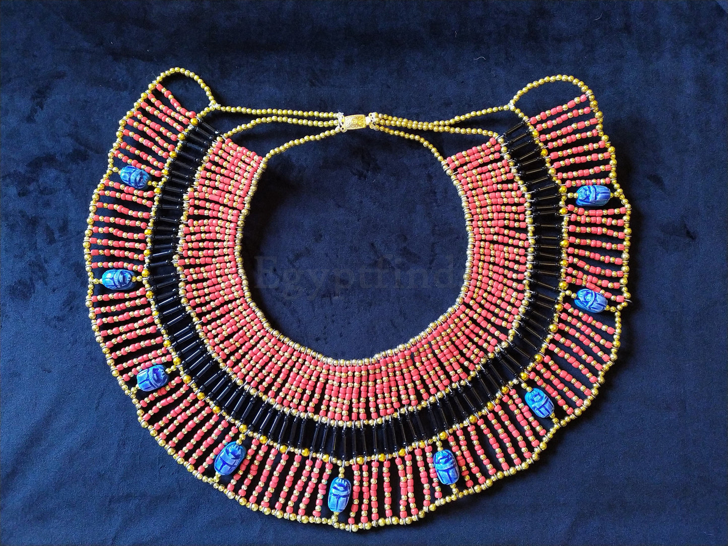 Large Egyptian Orange Beaded Cleopatra Necklace Collar With 9 Scarabs
