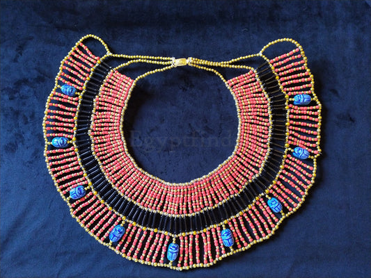 Large Egyptian Orange Beaded Cleopatra Necklace Collar With 9 Scarabs