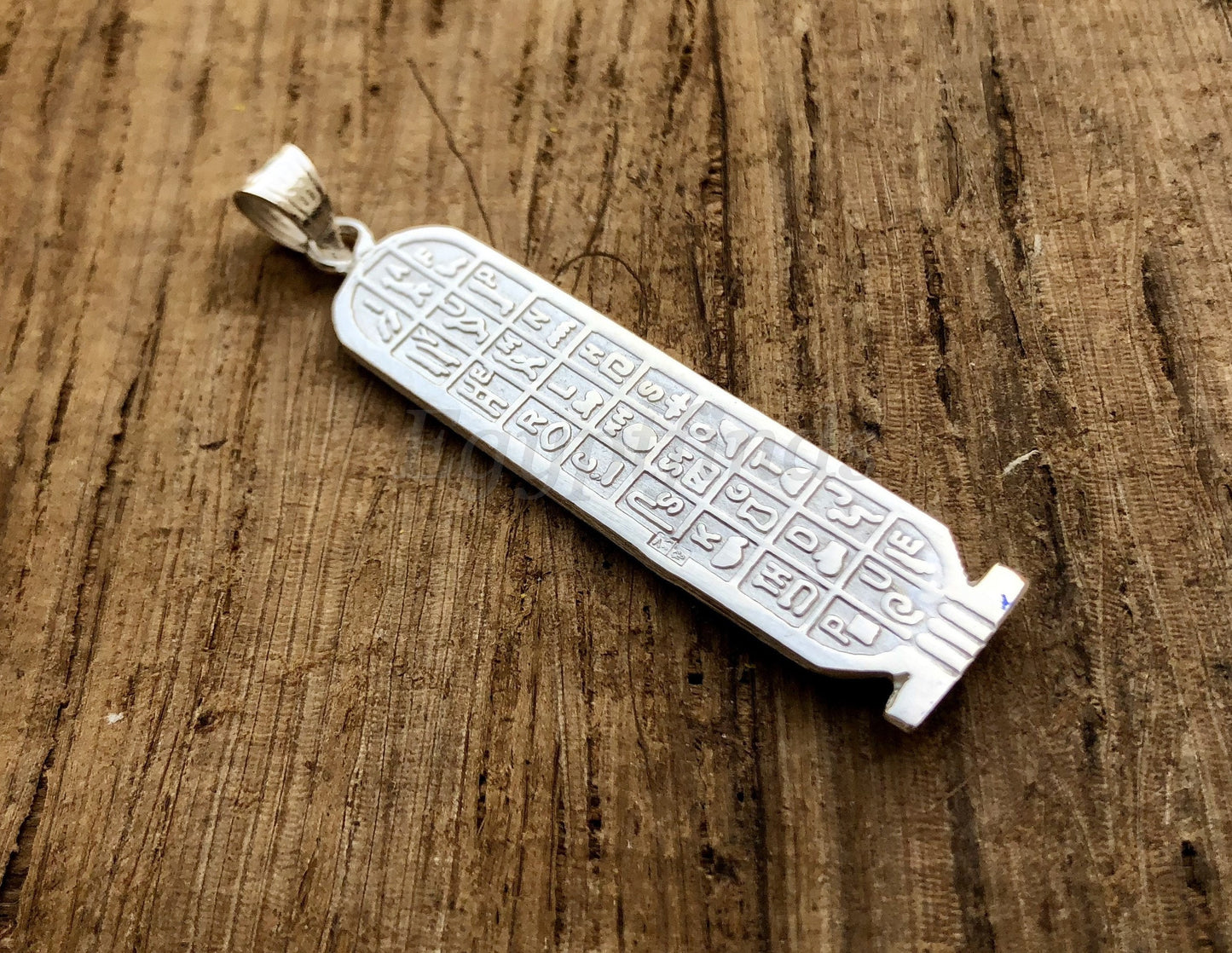 Egyptian Personalized Sterling Silver Cartouche With Glyphs On The Back With 9K Letters,10 characters Name Cartouche Charm