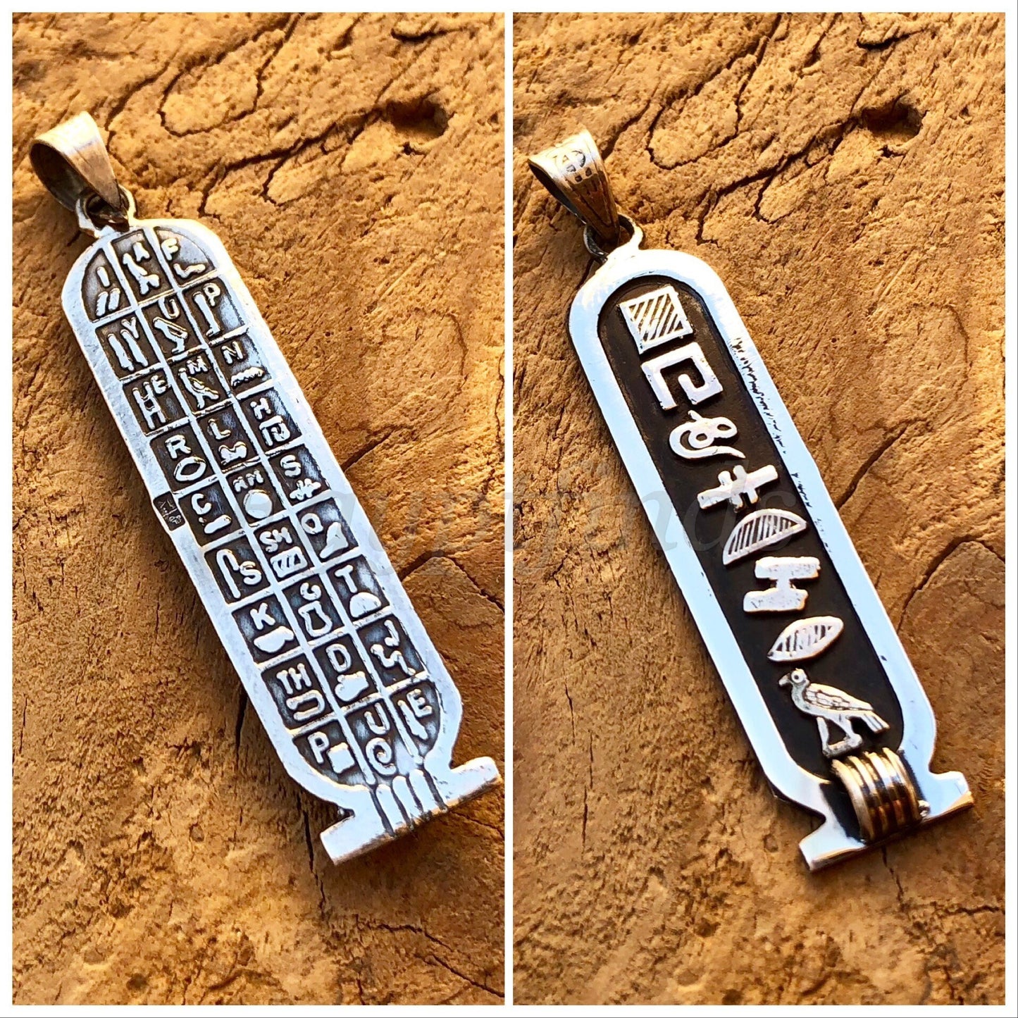 Egyptian Personalized Sterling Silver Cartouche With Glyphs On The Back With 9K Letters,10 characters Name Cartouche Charm