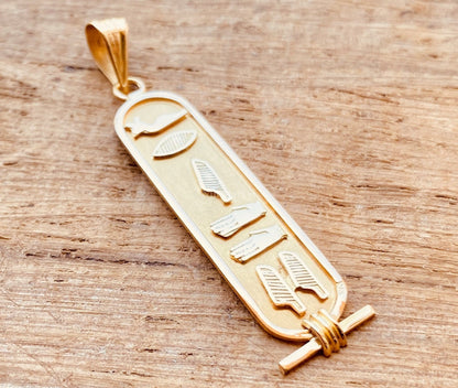18k Solid Gold Cartouche pendant, Your Name Converted into Ancient Egyptian Hieroglyphic or English or Arabic language, Gold Cartouche Charm