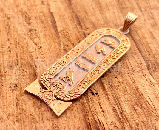 Egyptian Customized Winged Scarab Cartouche With 9K Gold Frame And 9K Letters Charm Personalized Cartouche Pendant