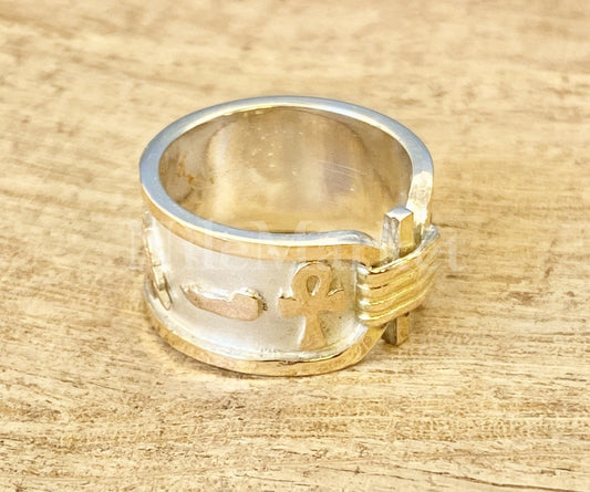 Egyptian Personalized Sterling Silver With 9K Gold Frame And Letters Cartouche Ring Express Shipping World Wide