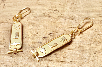 Egyptian Personalized 18k Solid Gold Cartouche Earrings With Lotus , WORLD WIDE Express Shipping