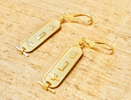 Egyptian Personalized 18k Solid Gold Cartouche Earrings With Lotus , WORLD WIDE Express Shipping