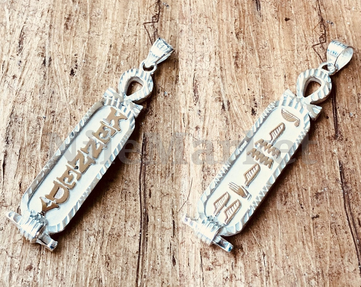Egyptian Double Sided Ankh Personalized Sterling Silver Cartouche Charm , Laser Cut charm -hieroglyph personalize - cartouche personalize