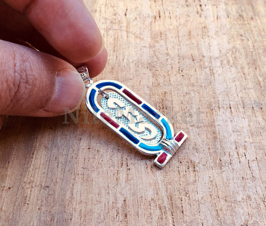Egyptian Colored Inlaid Sterling Silver Cartouche Pendant Necklace Get Your Name or Numbers Personalized
