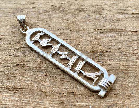 Egyptian Open Work Sterling Silver Customized Cartouche Pendant Necklace 10 Characters