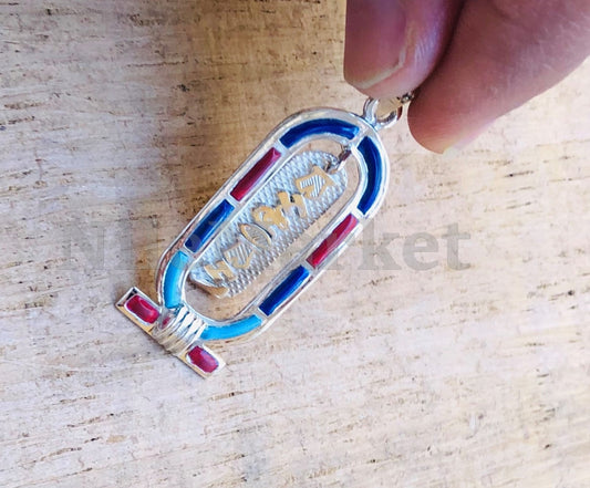 Egyptian Personalized Name Sterling Silver Enameled Dangled Cartouche Pendant Necklace WORLD WIDE Express Shipping