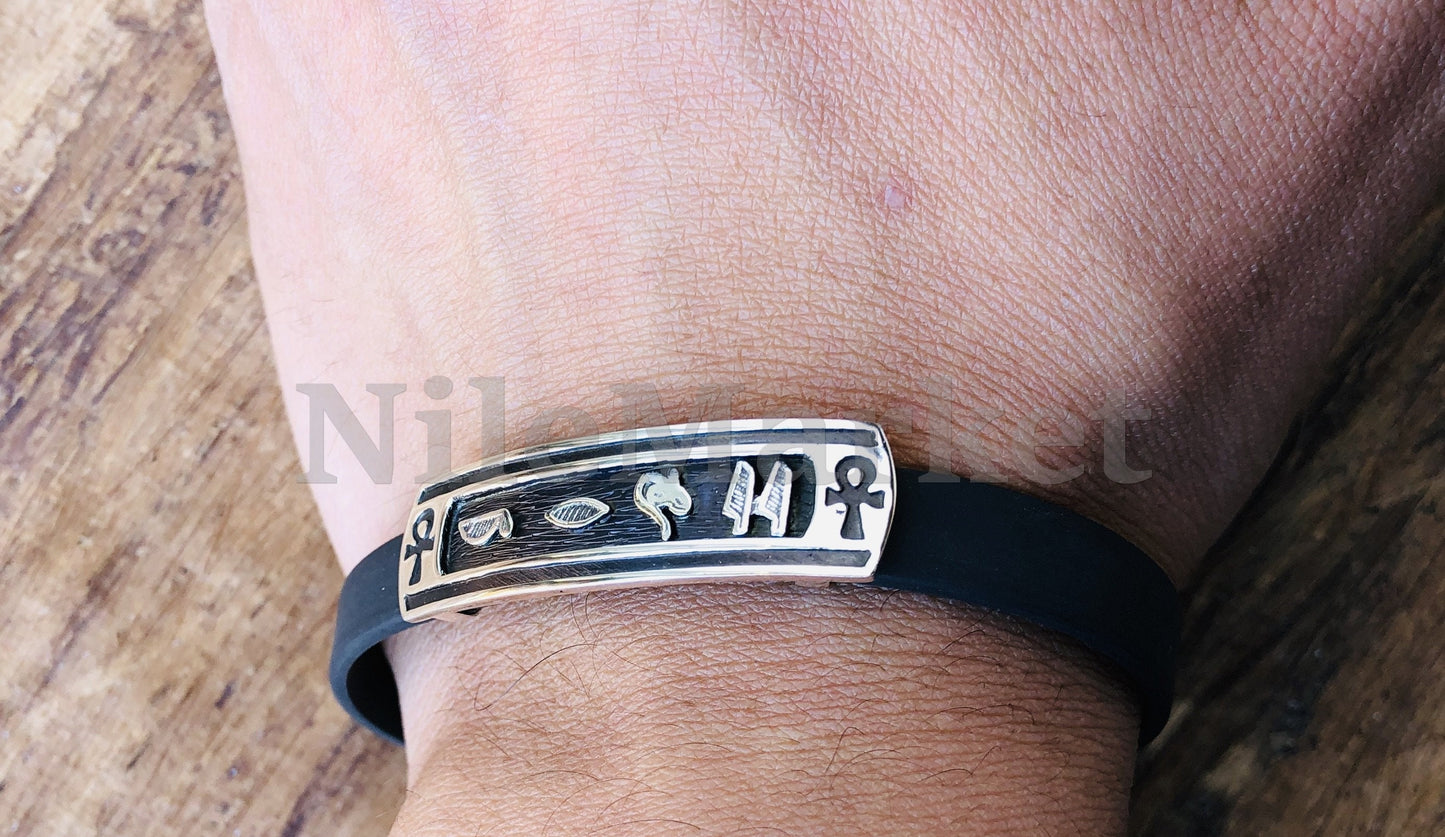 Egyptian Personalized Solid Silver Cartouche In Leather Bracelet ,  WORLD WIDE Express Shipping