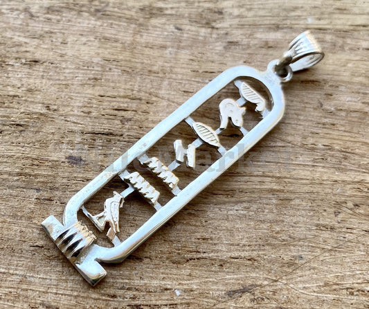 Egyptian Open Work Sterling Silver Customized Cartouche Pendant Necklace 10 Characters
