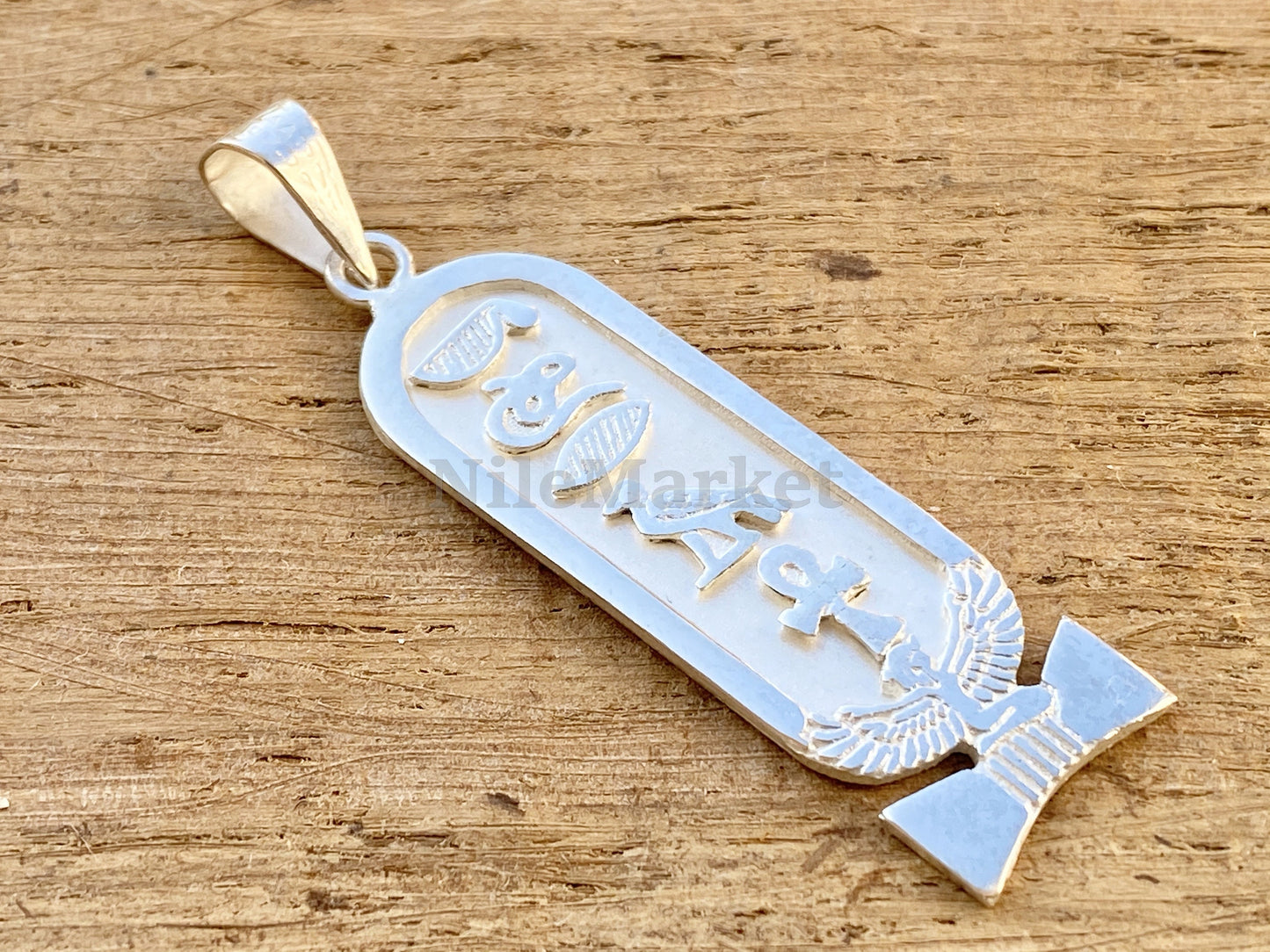 Egyptian Winged Customized Name Isis Sterling Silver Personalized Cartouche Pendant Charm 7 letters
