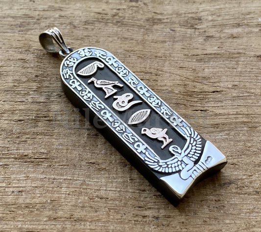 Egyptian Personalized Name Cartouche Dark Ebony Winged Isis Sterling Silver Cartouche Charm , WORLD WIDE Express Shipping,