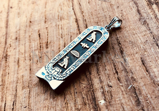 Egyptian Personalized Name Cartouche Nameplate Dark Ebony Winged Scarab Sterling Silver Cartouche Charm , WORLD WIDE Express Shipping,