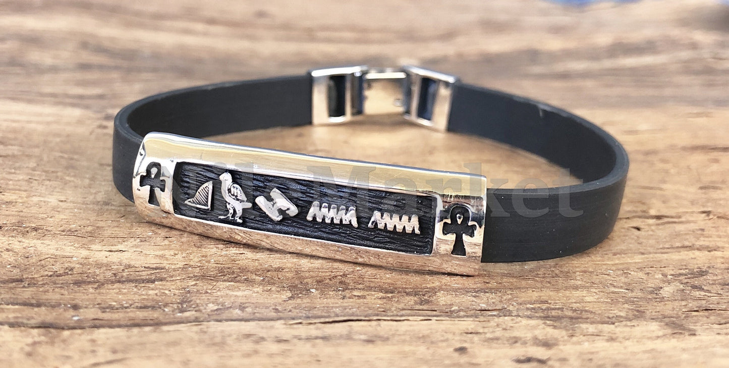 Egyptian Personalized NamePLate Solid Silver Custom Name Cartouche In Leather Bracelet ,WORLD WIDE Express Shipping