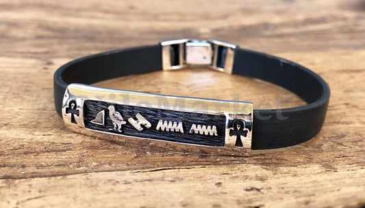 Egyptian Personalized NamePLate Solid Silver Custom Name Cartouche In Leather Bracelet ,WORLD WIDE Express Shipping