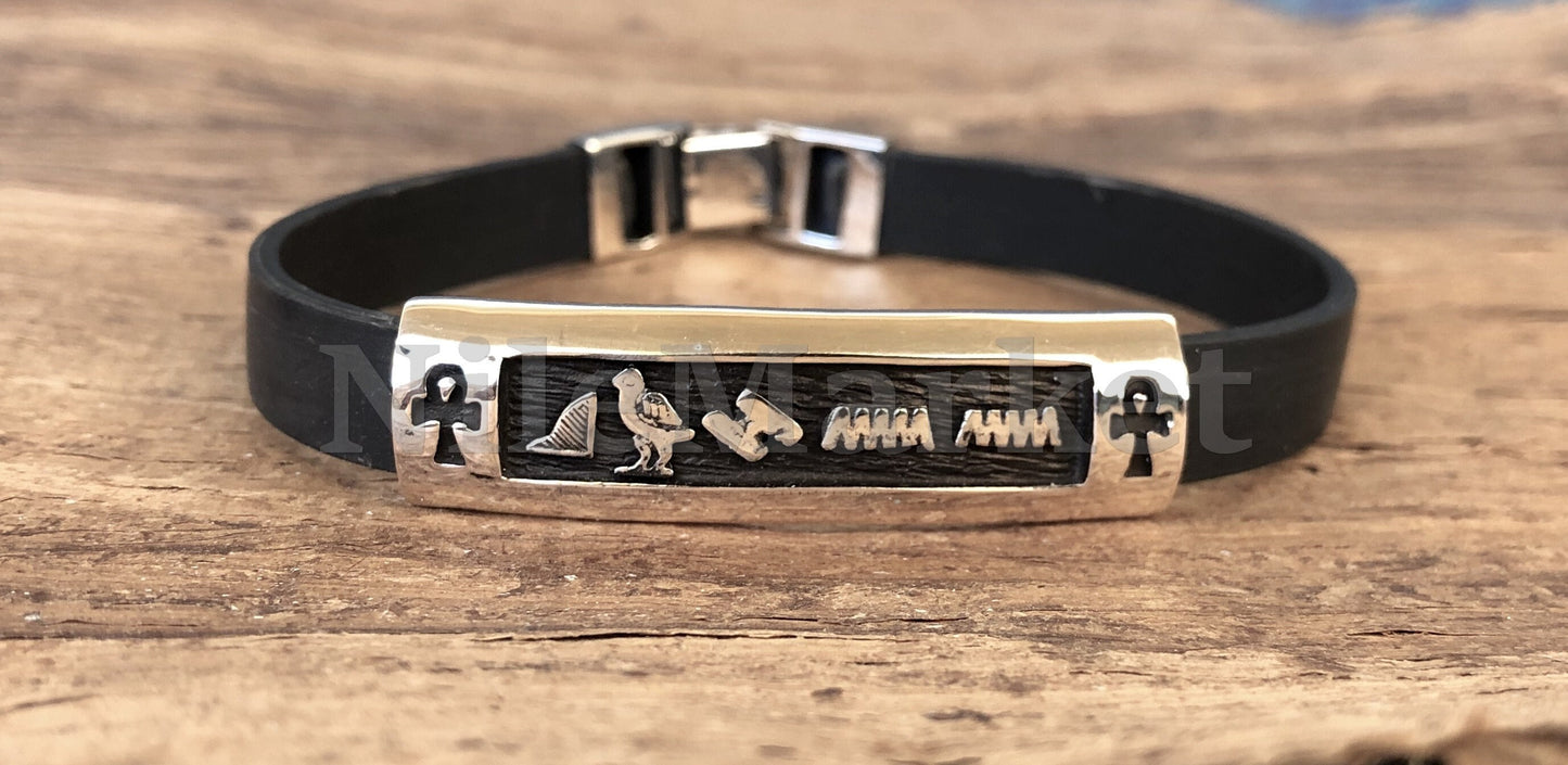 Egyptian Personalized NamePLate Solid Silver Custom Name Cartouche In Leather Bracelet ,WORLD WIDE Express Shipping