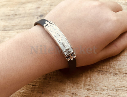 Egyptian personalize cartouche Ankh Life Key Personalized Name Sterling Silver Cartouche In Leather Bracelet , cartouche personalize