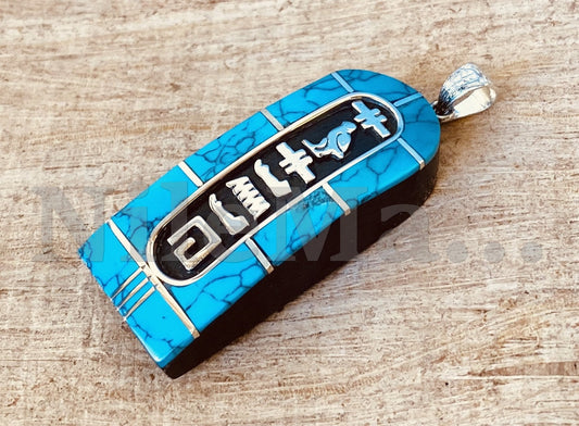 Egyptian Personalized Ebony  Blue Inlaid Wide Sterling Silver Cartouche Charm , WORLD WIDE Express Shipping,