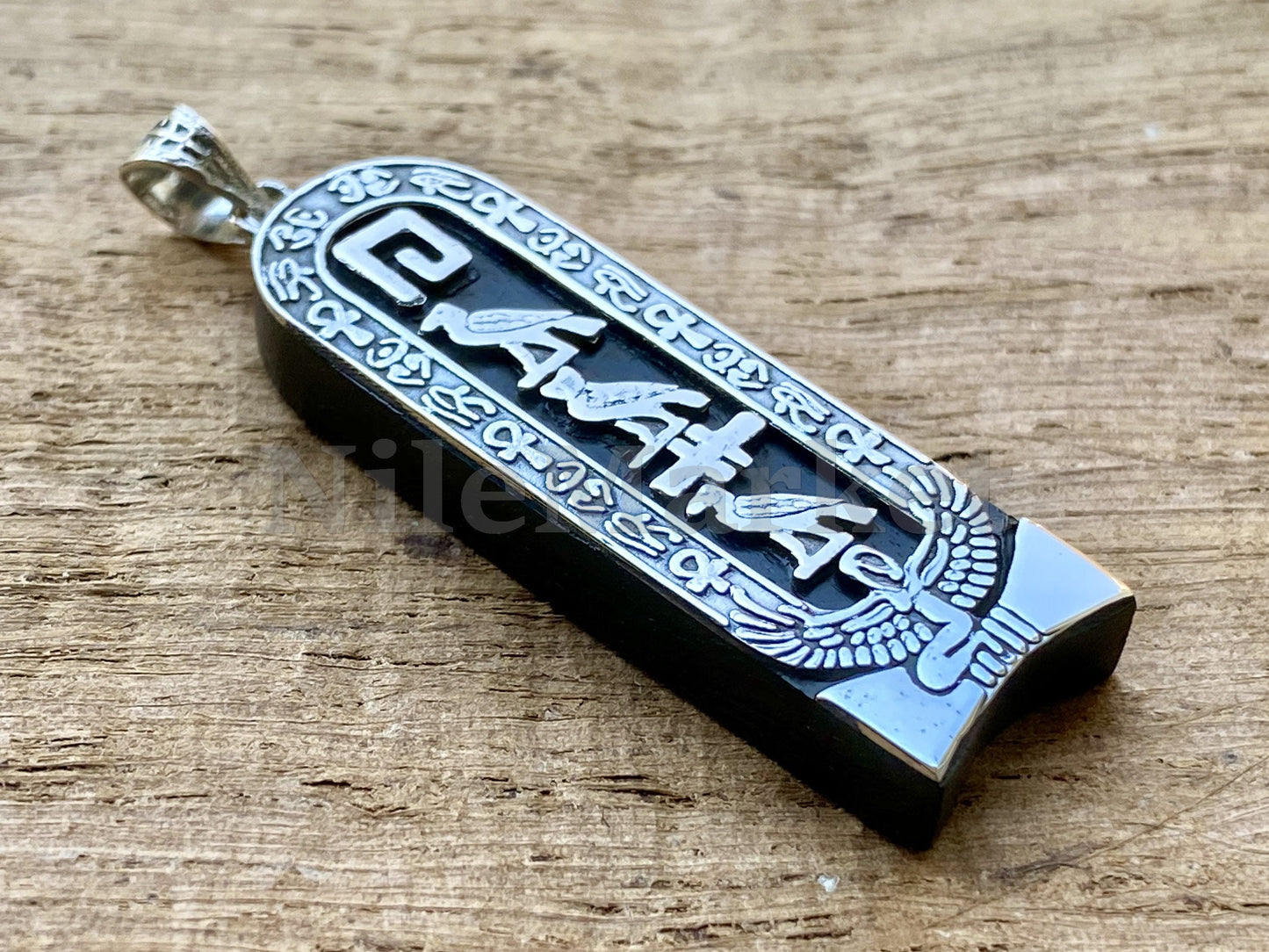 Egyptian Personalized Name Cartouche Dark Ebony Winged Isis Sterling Silver Cartouche Charm , WORLD WIDE Express Shipping,