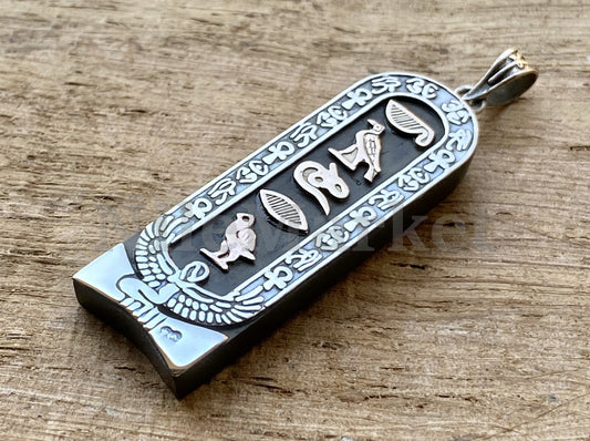 Egyptian Personalized Name Cartouche Dark Ebony Winged Isis Sterling Silver Cartouche Charm , WORLD WIDE Express Shipping,