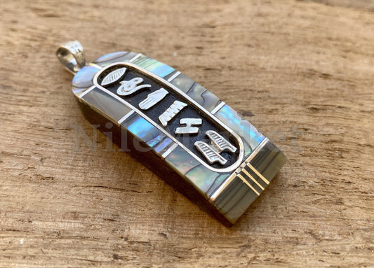 Egyptian Customized Name Mother Of Pearl Inlaid Wide Sterling Silver Cartouche NamePlate cartouche Pendant , WORLD WIDE Express Shipping